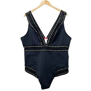 NWT River Island Black Gold Embroidered Plunge One Piece Swimsuit Size 20 NEW